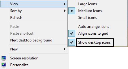 Desktop Properties, View, Show Desktop Icons